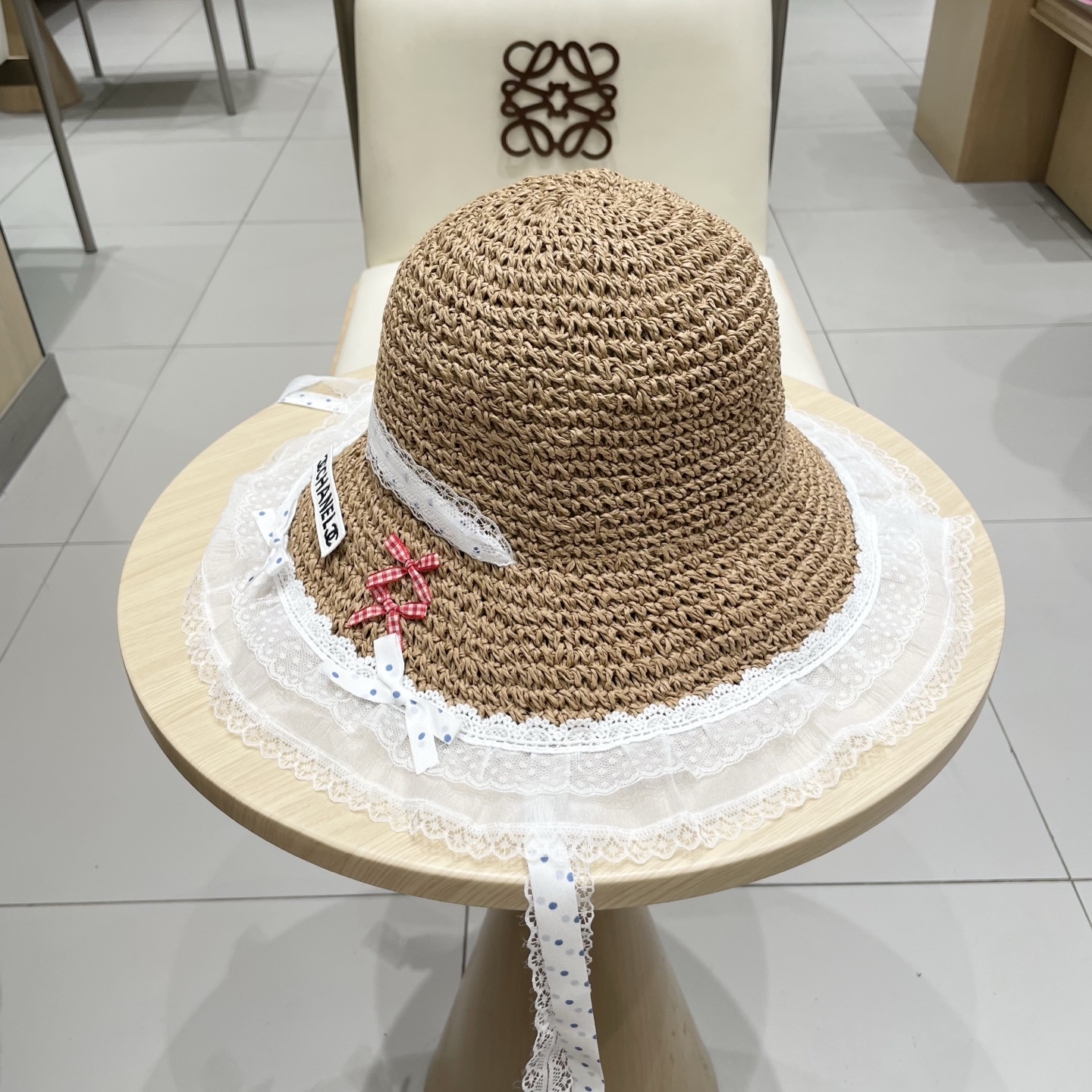  Chanel香奈儿甜美可爱蕾丝花边草帽女夏季大帽檐镂空防晒帽度假海边沙滩太阳帽