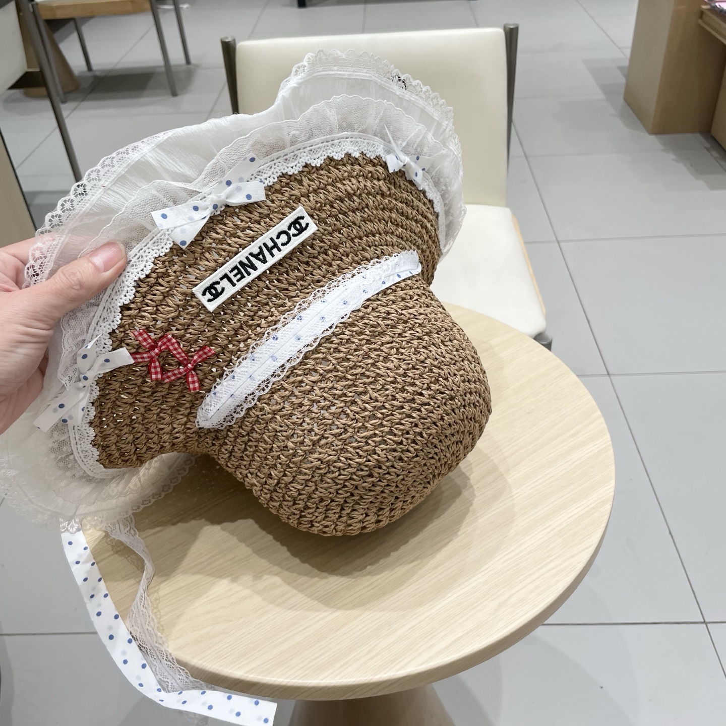  Chanel香奈儿甜美可爱蕾丝花边草帽女夏季大帽檐镂空防晒帽度假海边沙滩太阳帽