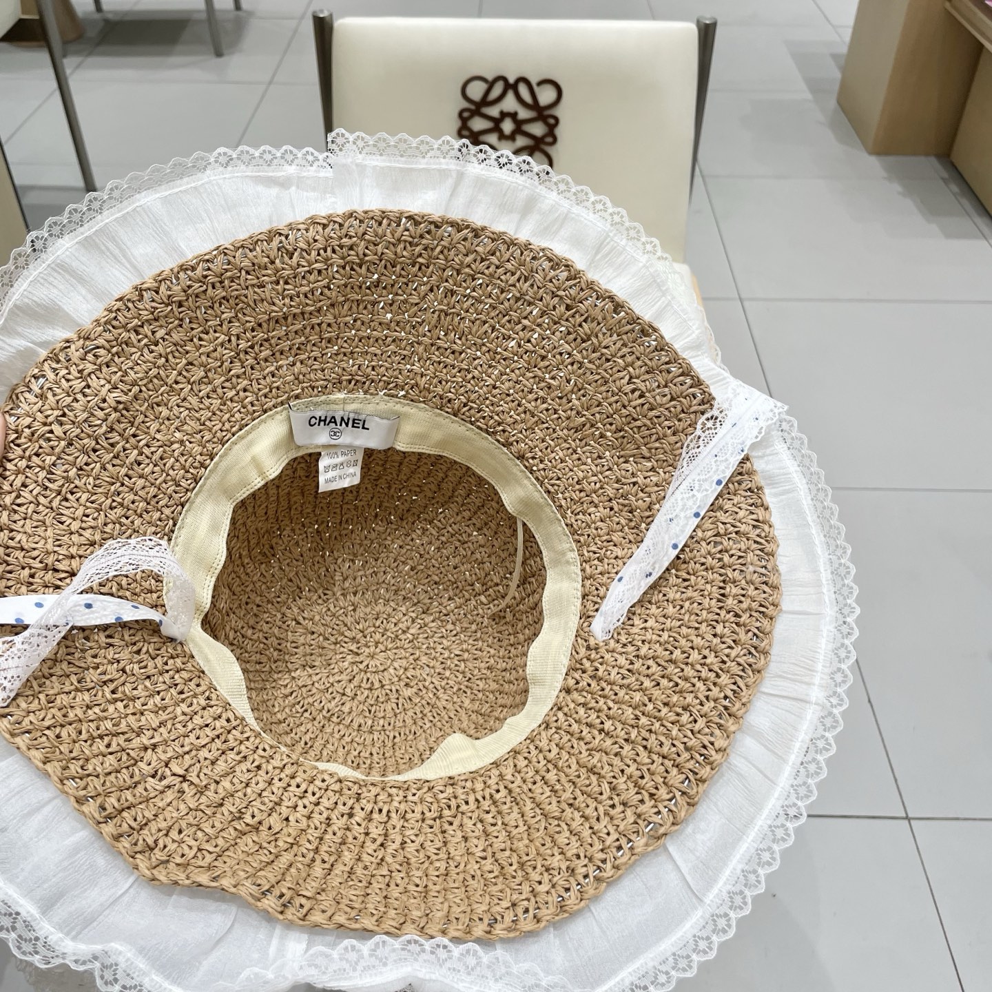  Chanel香奈儿甜美可爱蕾丝花边草帽女夏季大帽檐镂空防晒帽度假海边沙滩太阳帽