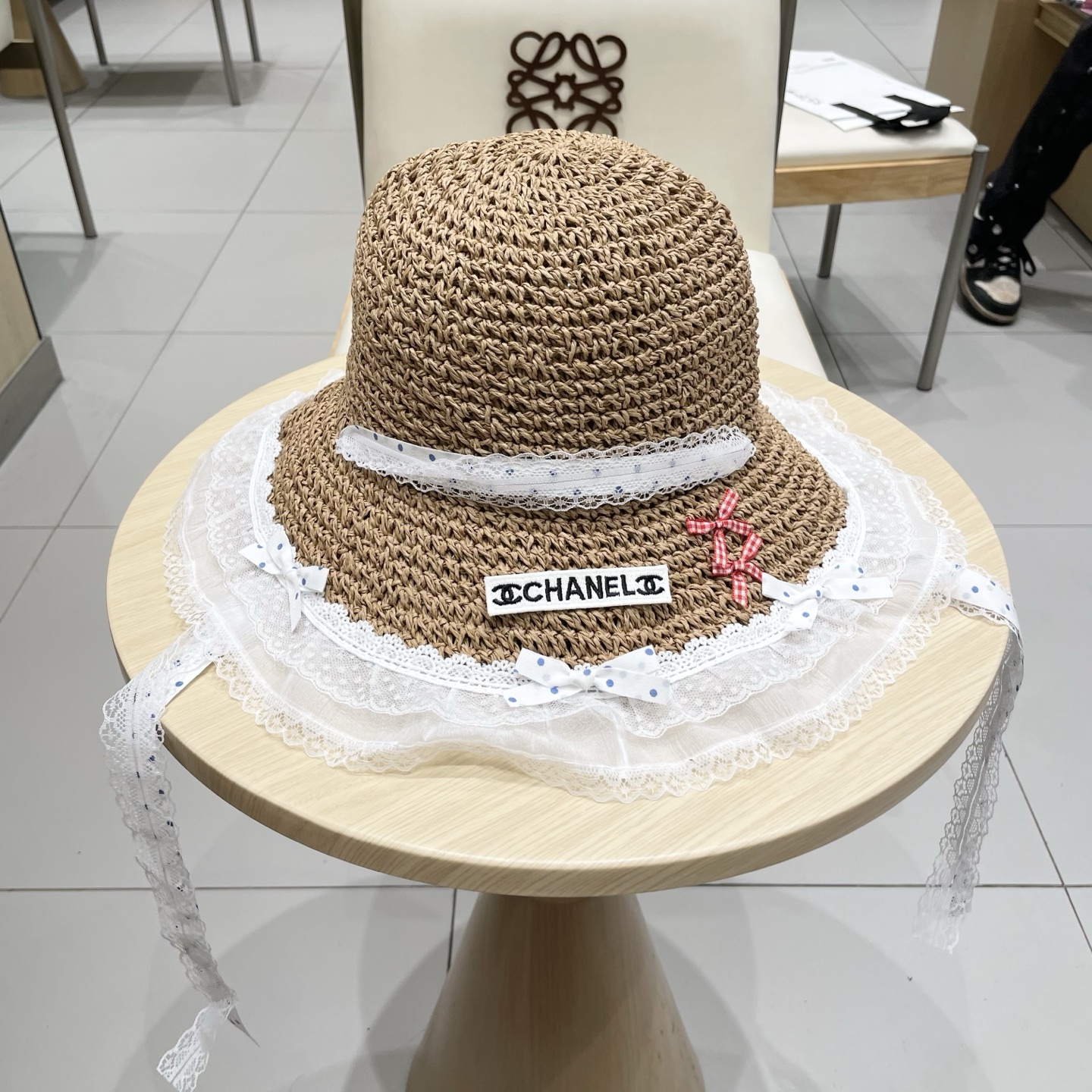  Chanel香奈儿甜美可爱蕾丝花边草帽女夏季大帽檐镂空防晒帽度假海边沙滩太阳帽