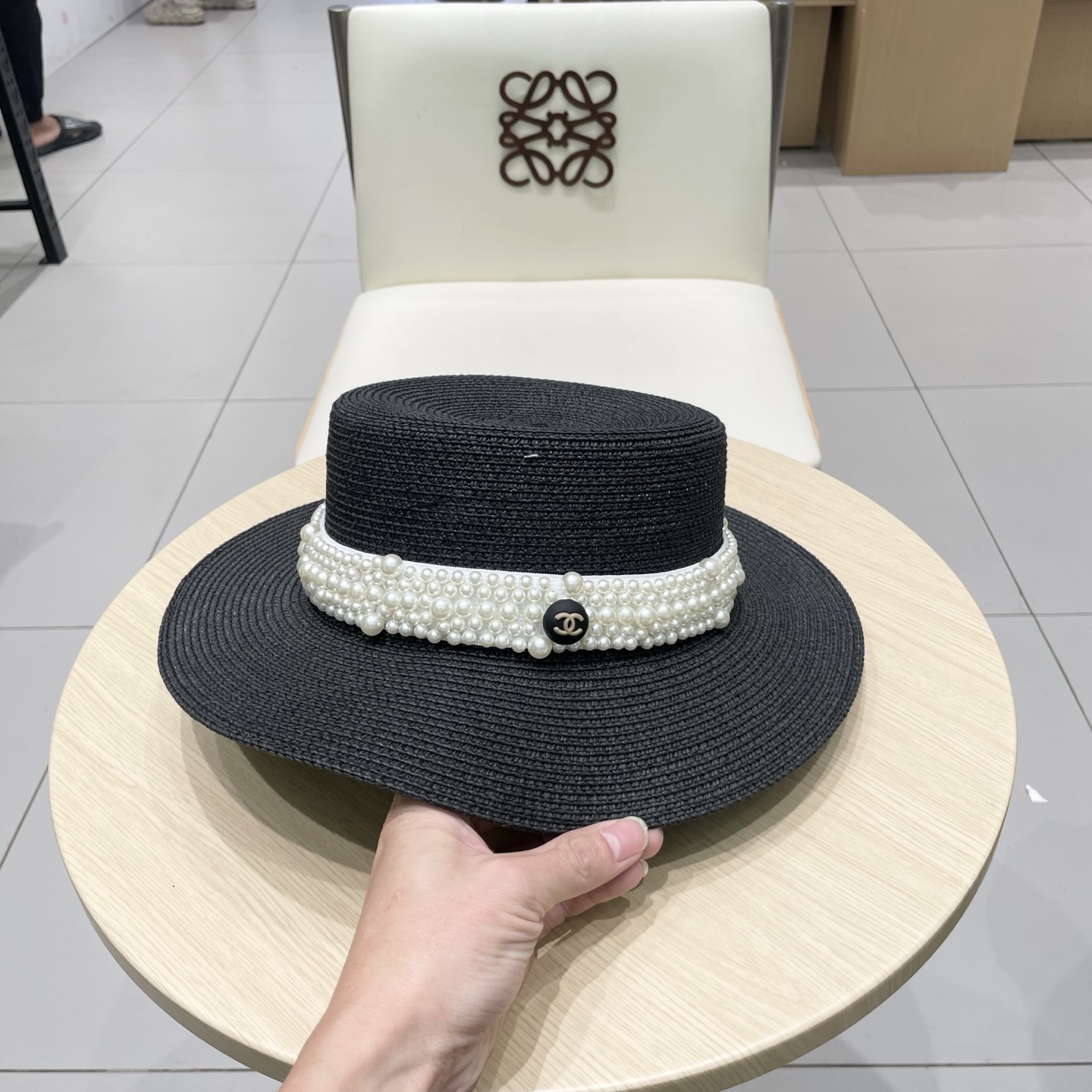  
Chanel香奈儿新款礼帽，珍珠平顶帽，草帽，头围57cm