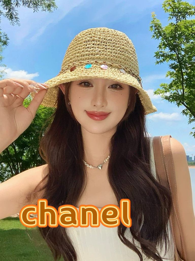 Chanel香奈儿【海边氛围感】波西米亚风贝壳亮片草编渔夫帽大帽檐镂空遮阳帽女