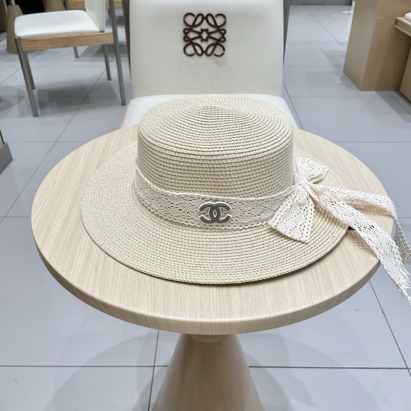 Chanel香奈儿新款礼帽，平顶蕾丝帽，草帽，头围57cm