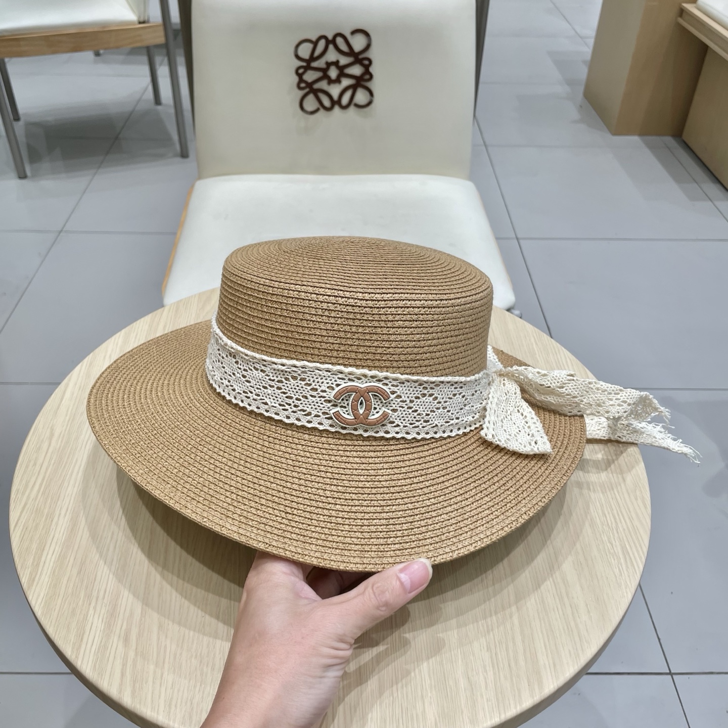 Chanel香奈儿新款礼帽，平顶蕾丝帽，草帽，头围57cm