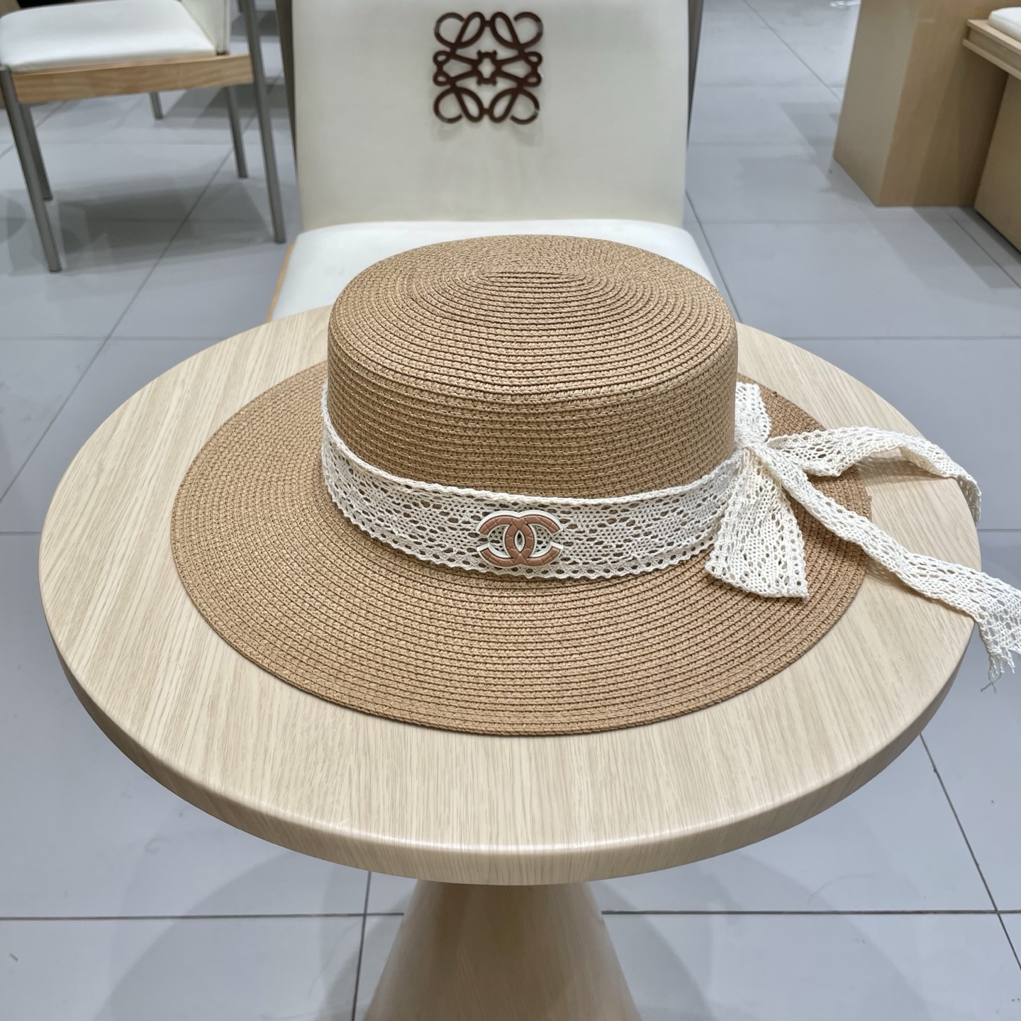 Chanel香奈儿新款礼帽，平顶蕾丝帽，草帽，头围57cm