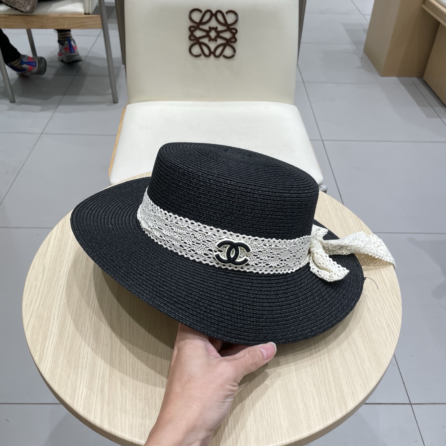 Chanel香奈儿新款礼帽，平顶蕾丝帽，草帽，头围57cm