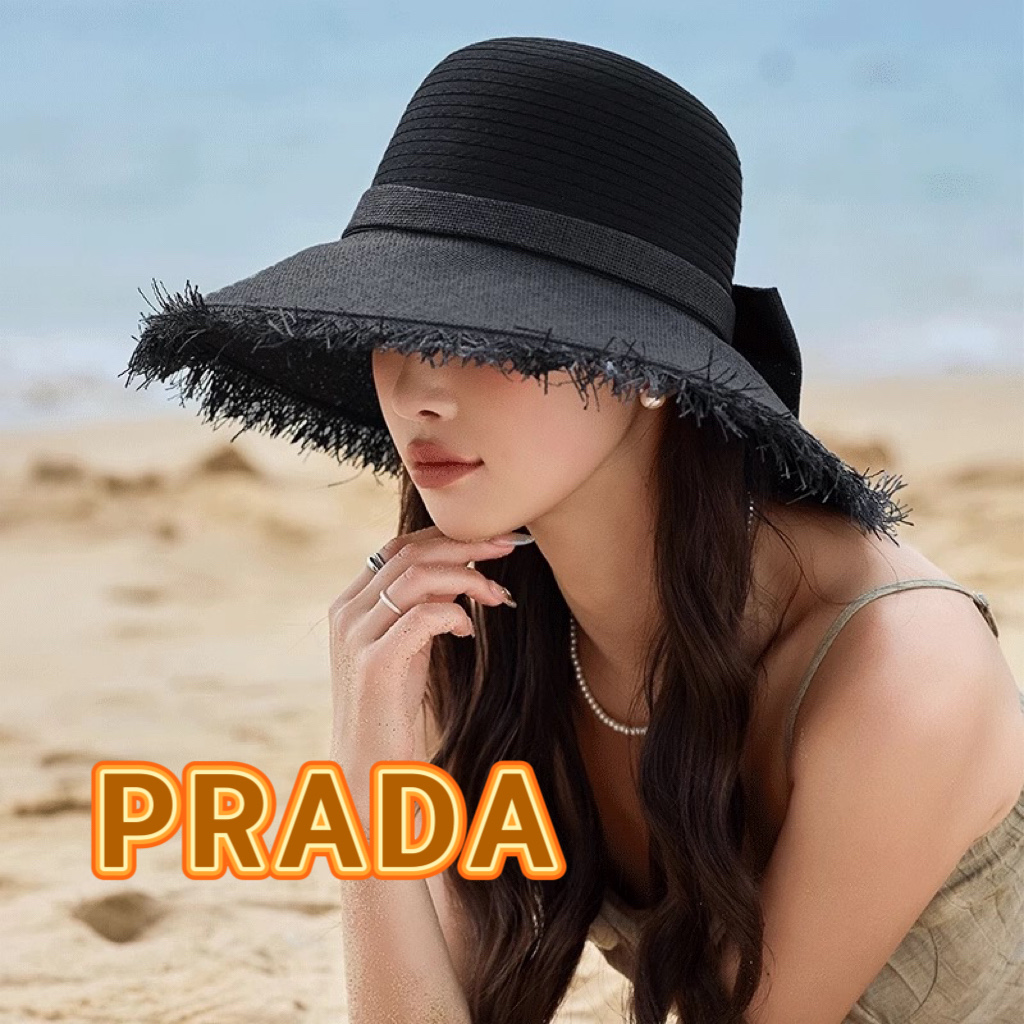  Prada普拉达毛边草帽女夏季2025新款海边沙滩防晒拍照遮阳大帽檐太阳帽子