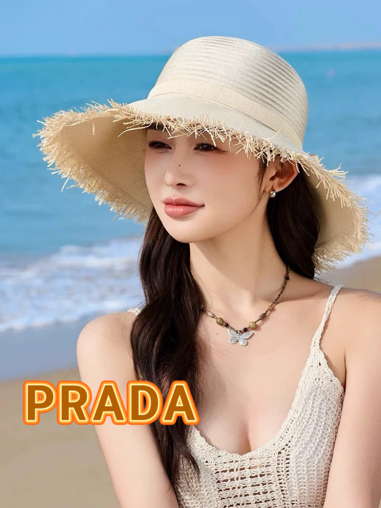  Prada普拉达毛边草帽女夏季2025新款海边沙滩防晒拍照遮阳大帽檐太阳帽子
