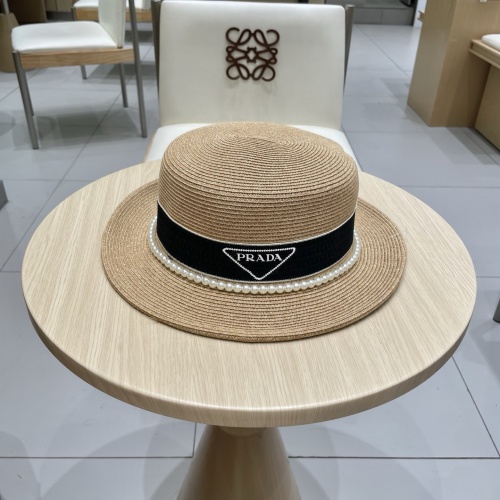 Prada Summer Raffia Sun Hat with Pearl Embellishment - Adjustable Fit