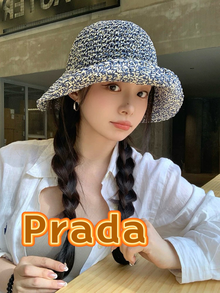  Prada普拉达法式复古混色可折叠草帽女夏季海边沙滩H帽草编渔夫帽大檐遮阳帽