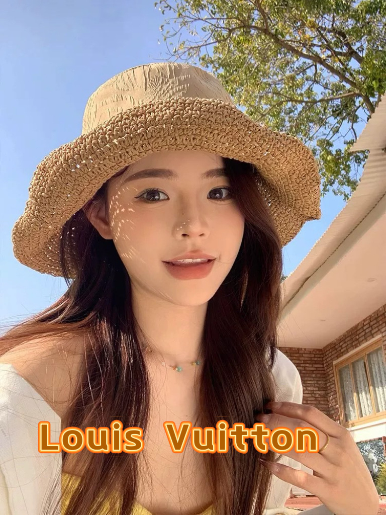  🧢路易威登棒球帽 LouisVuitton镂空草编渔夫帽女2025年春新款大帽檐遮阳帽子显脸小海边度假