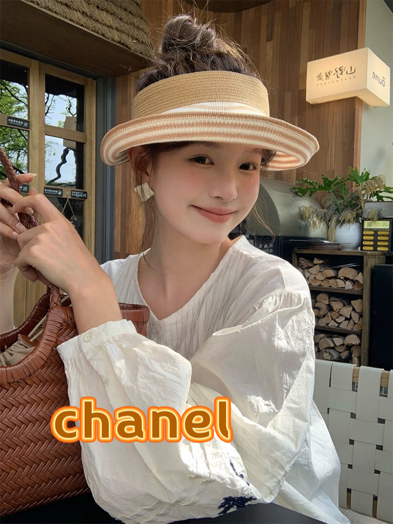 香奈儿chanel大檐透气空顶帽子帽夏天出游卷边可收纳折叠条纹出口韩国高档遮阳