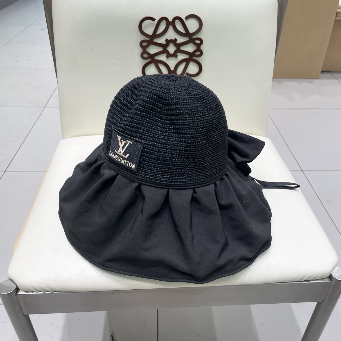 🧢路易威登LouisVuitton😍黑胶大檐防晒遮阳帽女夏季太阳遮脸防紫外线蝴蝶结大头围渔夫帽子