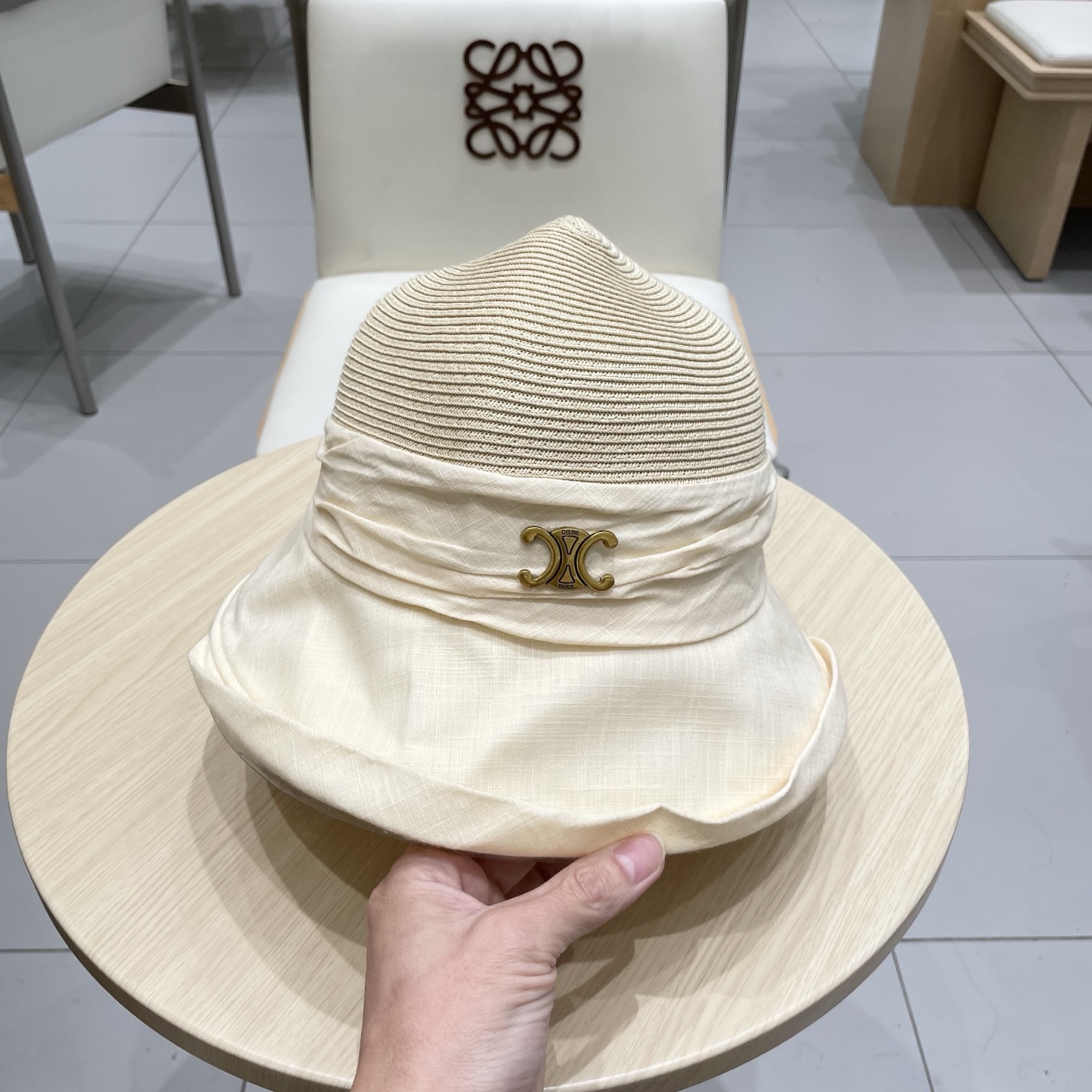  celine塞琳翻沿布草拼接渔夫帽女夏日系宽檐遮阳盆帽百搭防晒太阳帽透气草帽