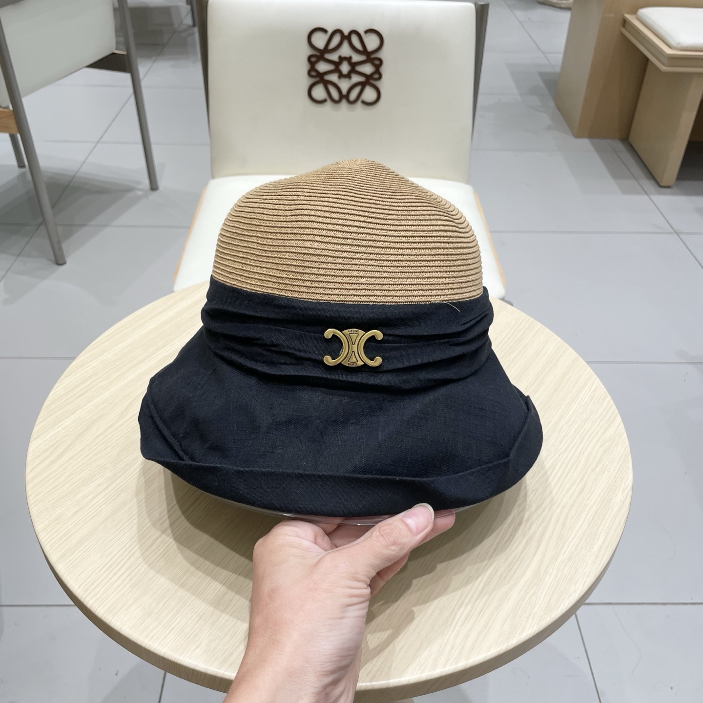  celine塞琳翻沿布草拼接渔夫帽女夏日系宽檐遮阳盆帽百搭防晒太阳帽透气草帽