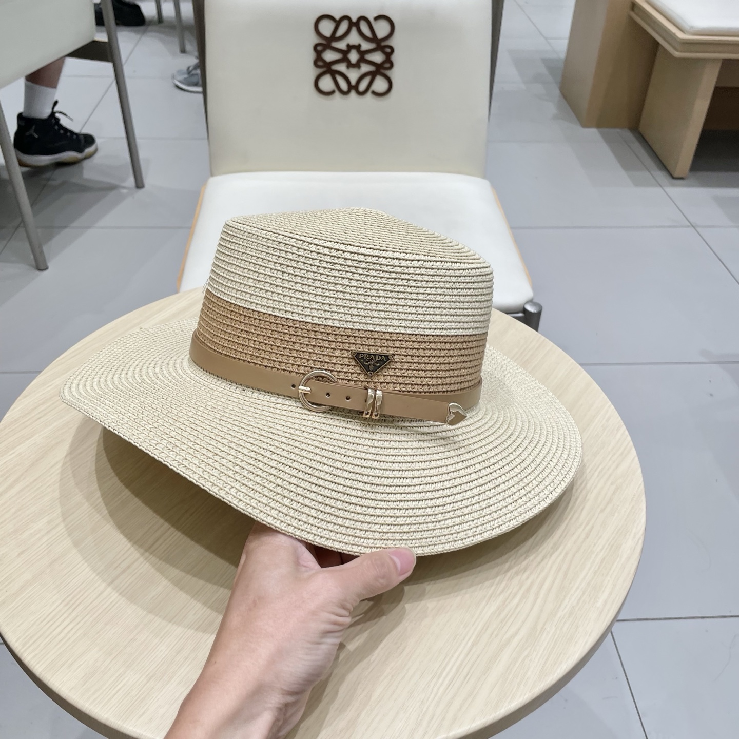 Prada普拉达平顶草帽，拼色礼帽，头围57cm