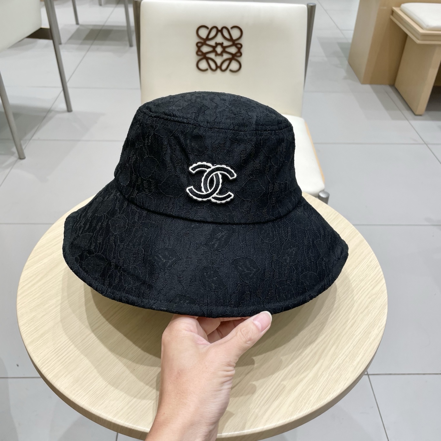 chanel香奈儿大檐遮阳帽子女夏天柔软可折叠渔夫帽蕾丝花纹布帽休闲度假太阳帽