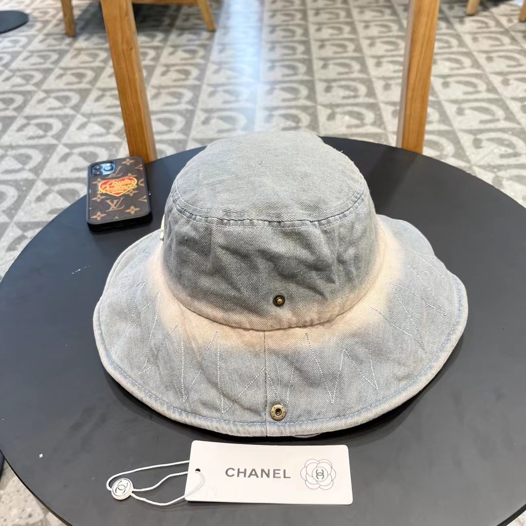 Chanel扎染水洗做旧牛仔渔夫帽子女春夏季百搭户外爬山露营大帽檐登山帽