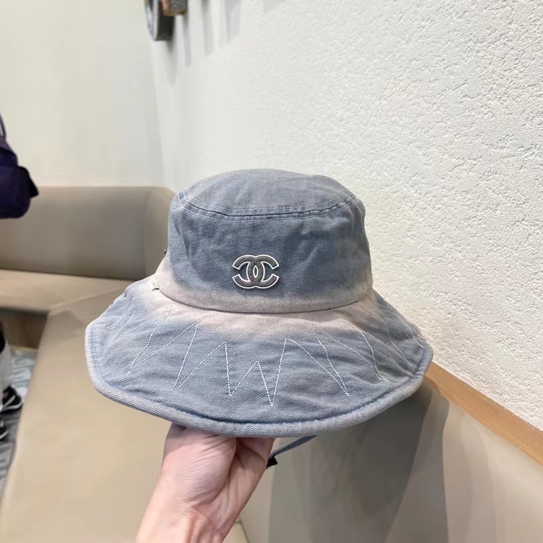 Chanel扎染水洗做旧牛仔渔夫帽子女春夏季百搭户外爬山露营大帽檐登山帽