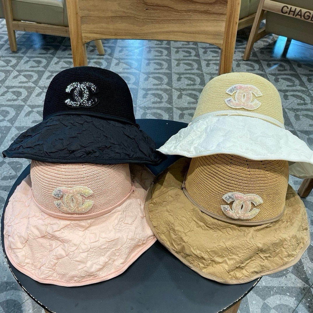  Chanel夏季新款渔夫帽女大檐黑胶防紫外线遮阳帽海边出游防风太阳帽