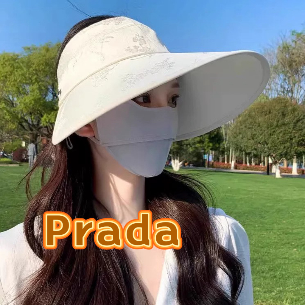  PRADA普拉达新中式风花纹空顶帽女大帽檐防晒帽防紫外线遮阳帽