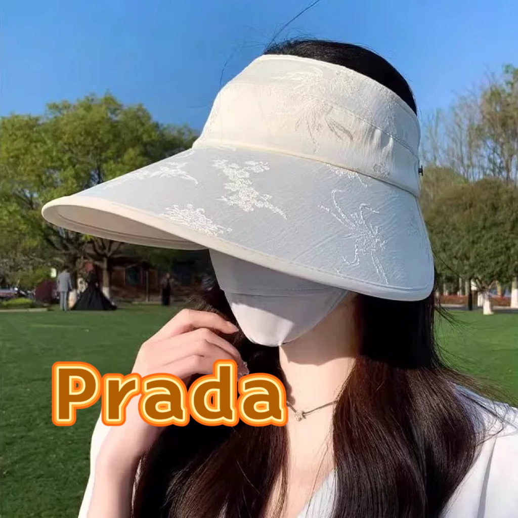  PRADA普拉达新中式风花纹空顶帽女大帽檐防晒帽防紫外线遮阳帽