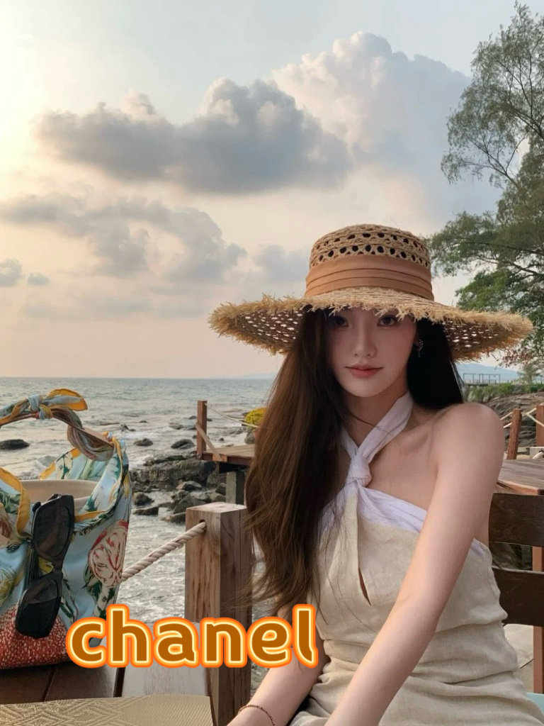  chanel香奈儿拉夏贝尔草帽拉菲草法式平顶遮阳帽海边度假大檐太阳帽镂空防晒帽