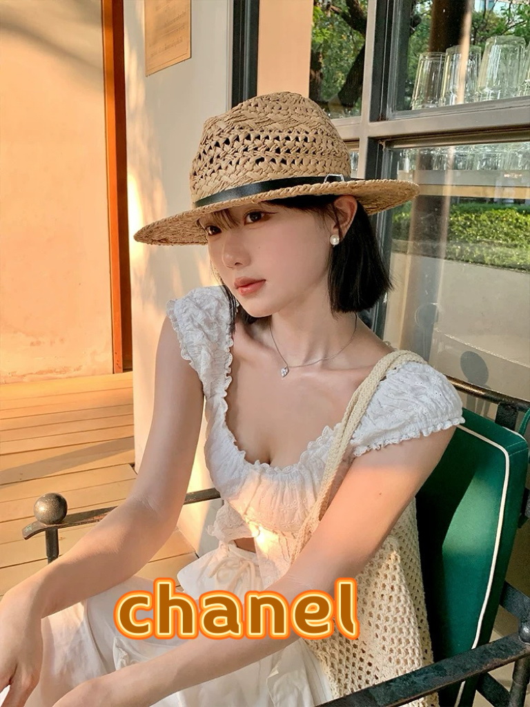   chanel香奈儿男女草帽镂空大帽檐遮阳帽情侣夏季爵士帽男女通用巴拿马帽礼帽
