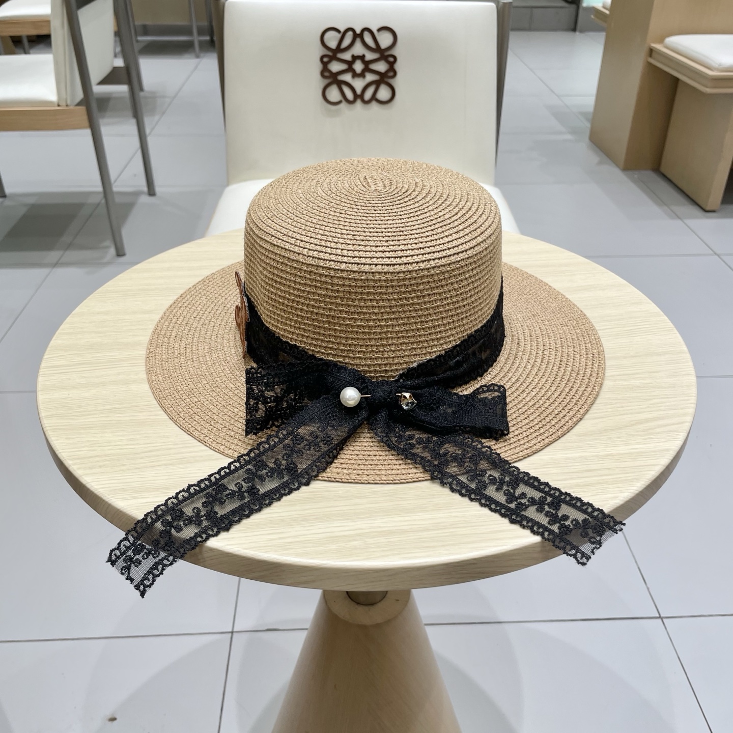  塞琳celine百搭蕾丝绑带蝴蝶结平顶草帽夏季出游遮阳防晒礼帽