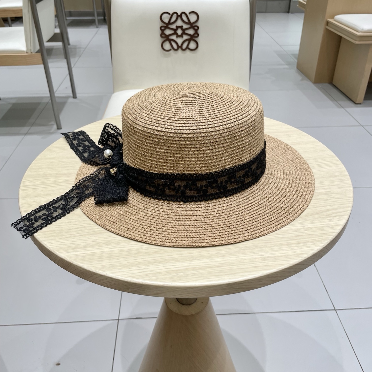  塞琳celine百搭蕾丝绑带蝴蝶结平顶草帽夏季出游遮阳防晒礼帽