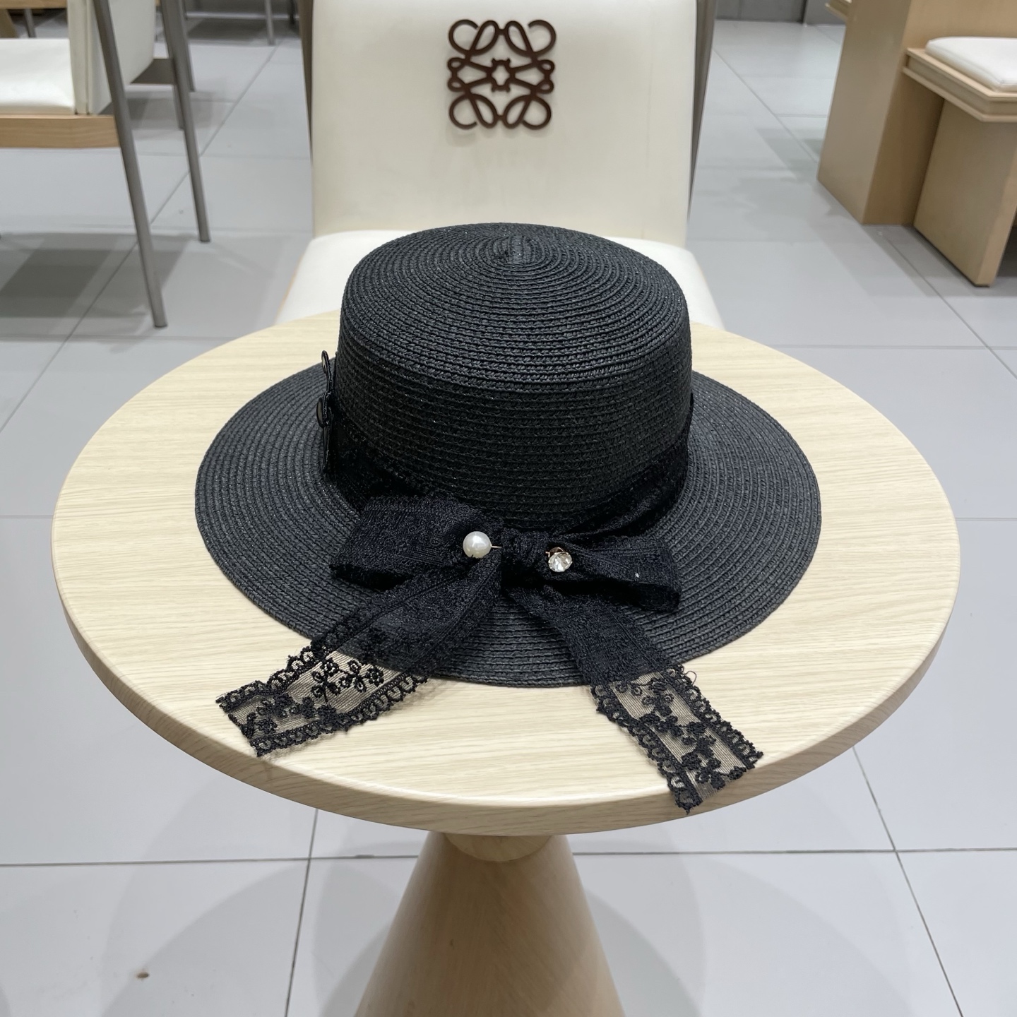  塞琳celine百搭蕾丝绑带蝴蝶结平顶草帽夏季出游遮阳防晒礼帽