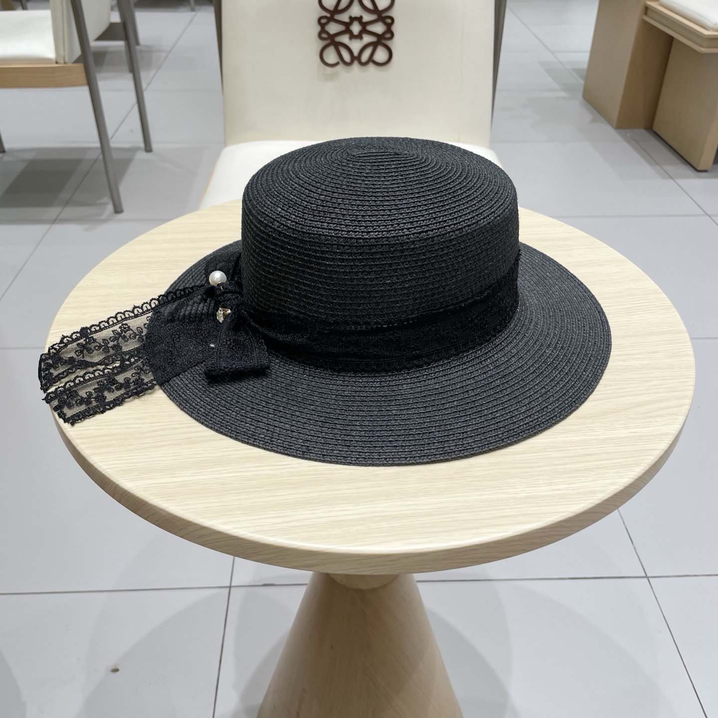  塞琳celine百搭蕾丝绑带蝴蝶结平顶草帽夏季出游遮阳防晒礼帽