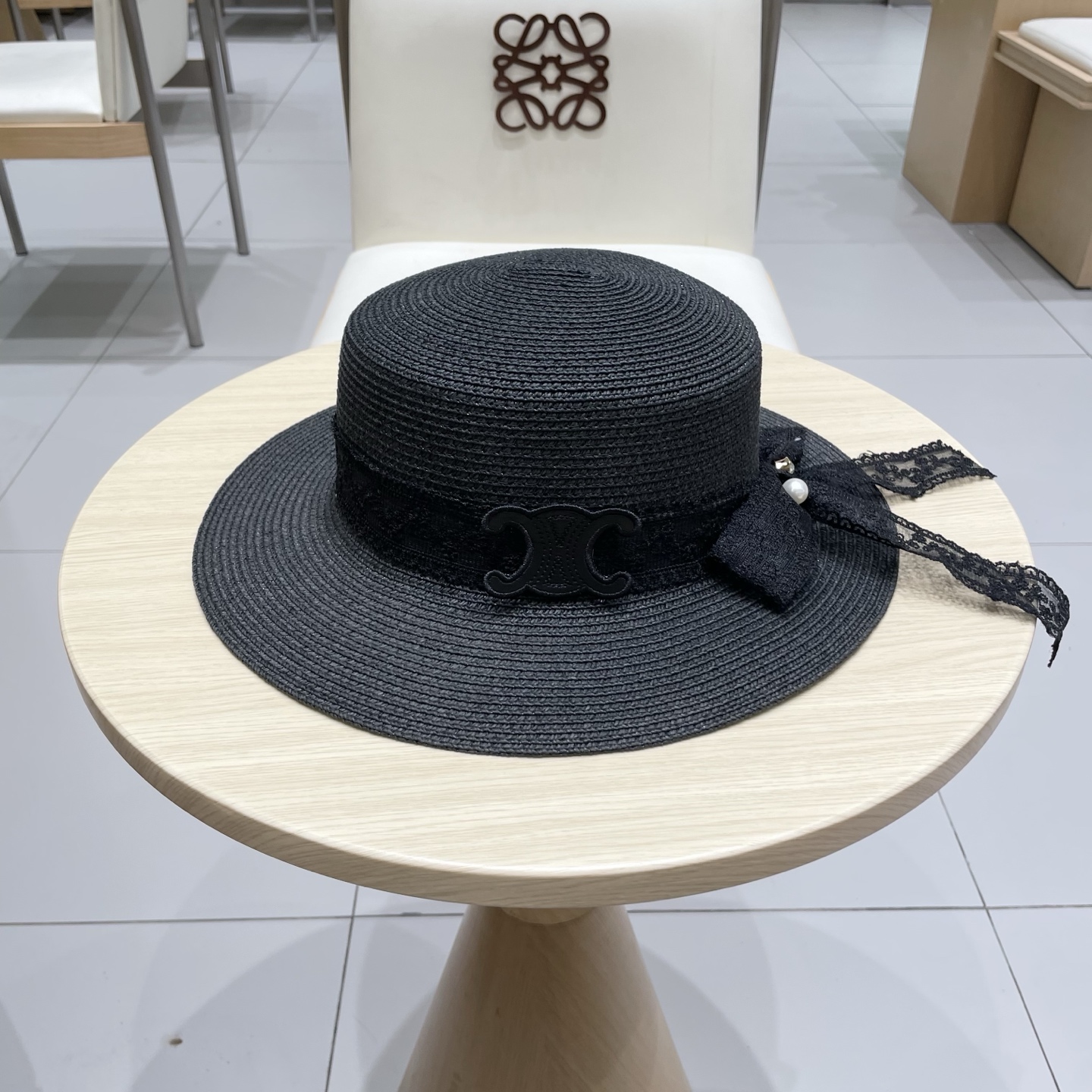  塞琳celine百搭蕾丝绑带蝴蝶结平顶草帽夏季出游遮阳防晒礼帽