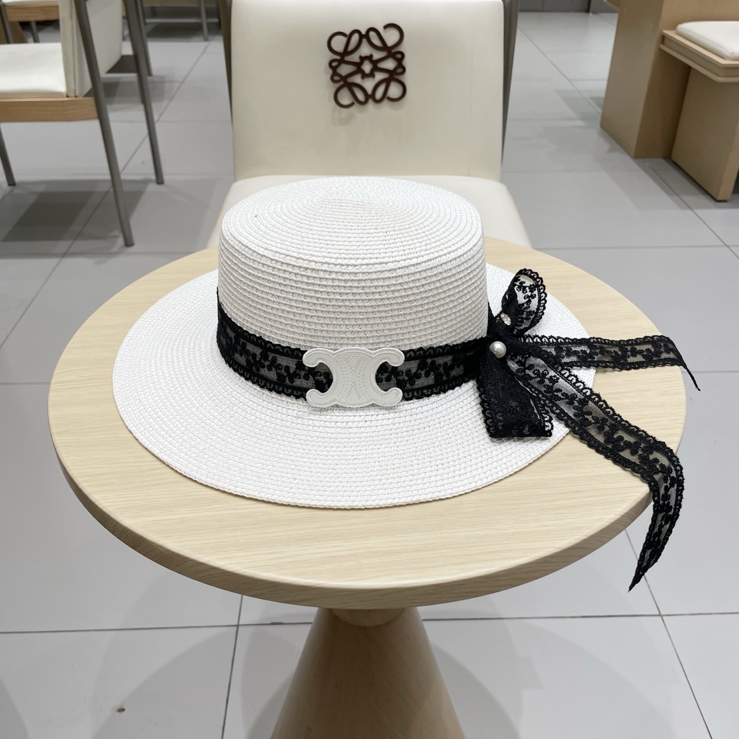  塞琳celine百搭蕾丝绑带蝴蝶结平顶草帽夏季出游遮阳防晒礼帽
