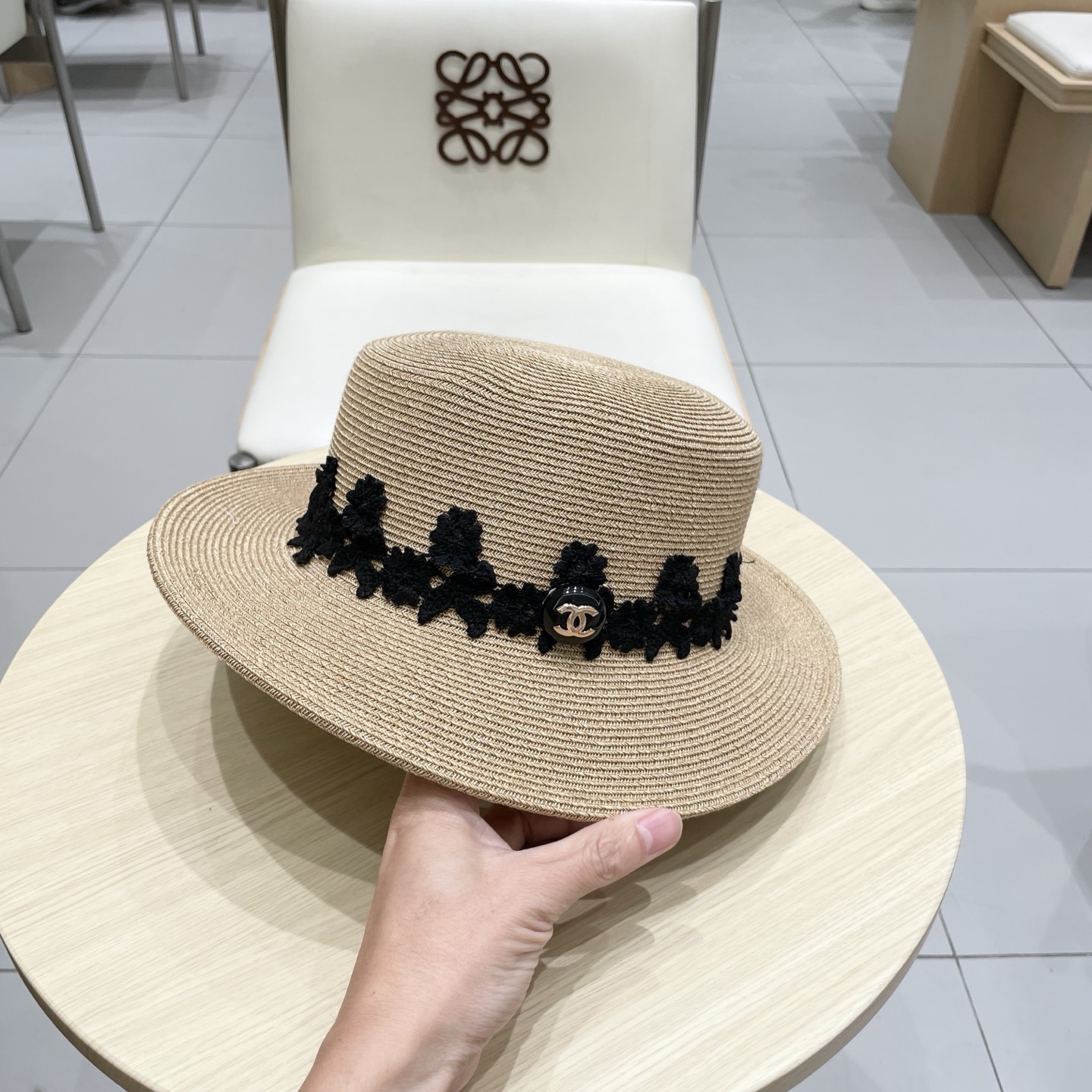  chanel香奈儿草帽女夏季新款蕾丝平檐遮阳帽UV防晒帽防紫外线帽子大头围显脸小
