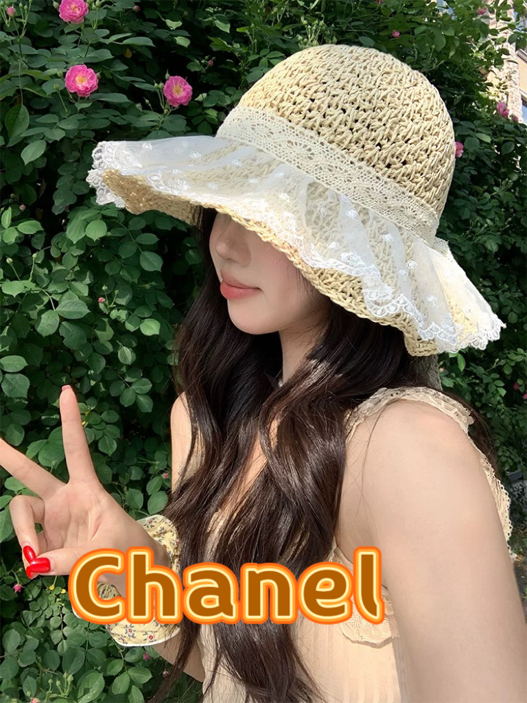 chanel香奈儿甜美蕾丝花边渔夫帽女海边度假风沙滩防晒帽大帽檐遮阳编织草帽