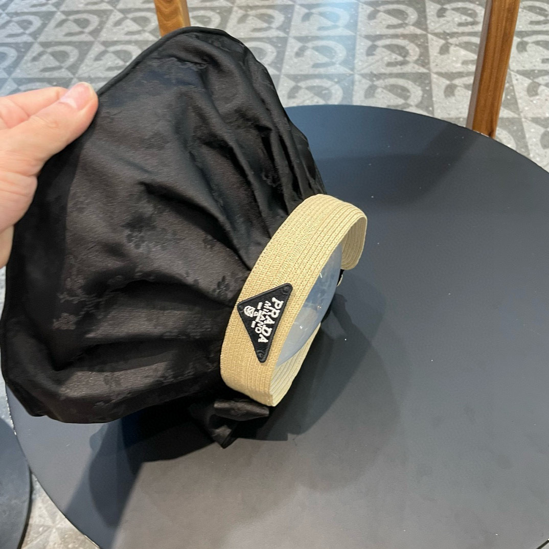   普拉达Prada蝴蝶结空顶帽子女款新款夏季拼接草编遮阳帽户外国风防晒帽潮