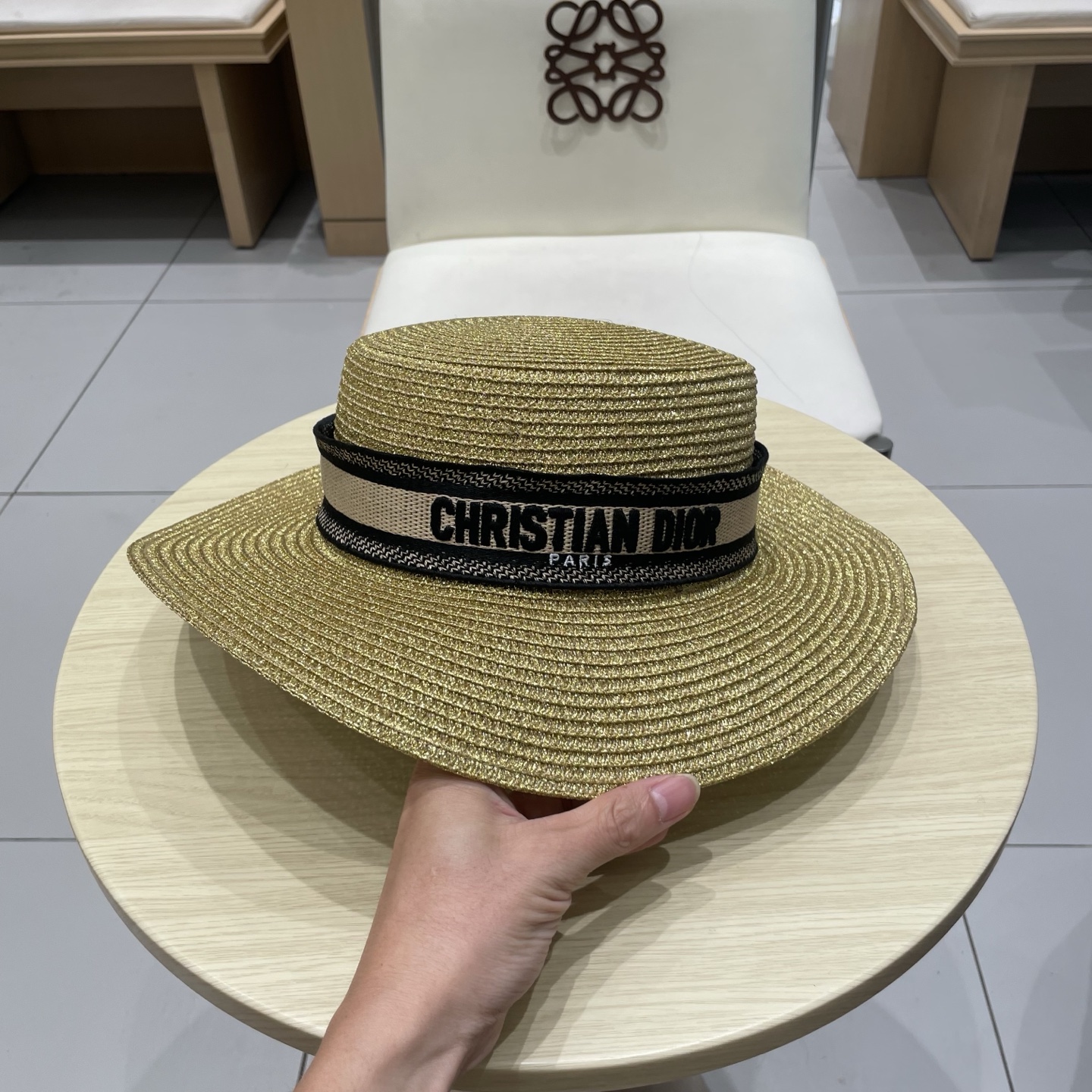  Dior迪奥25新款金银丝平顶草帽，拉菲礼帽，头围57cm