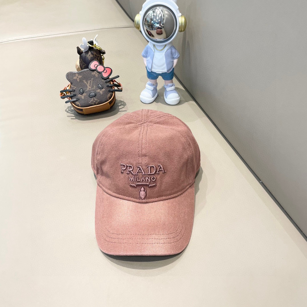   Prada/普拉达刺绣LOGO遮阳帽做旧嘻哈帽男女同款鸭舌帽情侣棒球帽