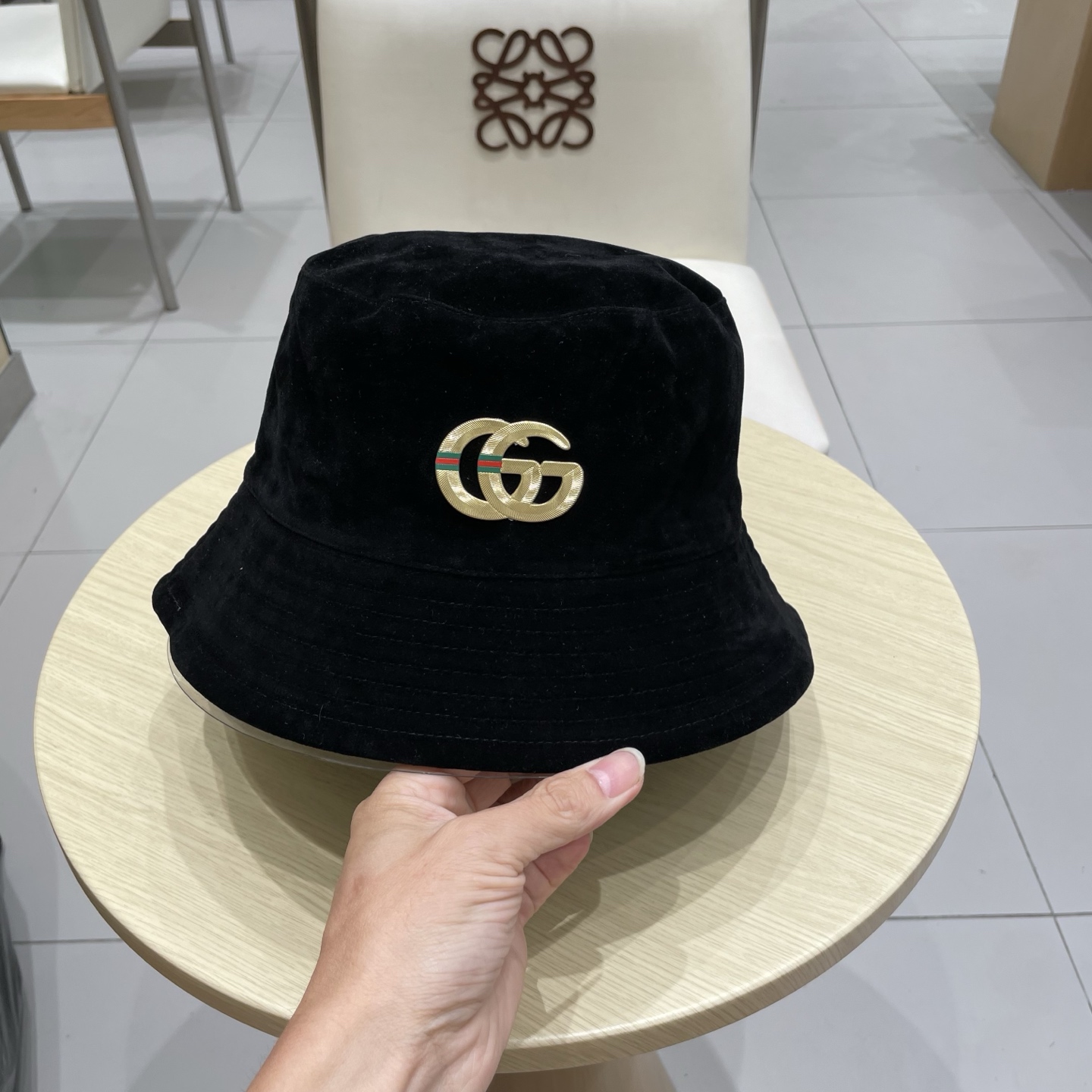  gucci古奇麂皮绒咖色渔夫帽女2025秋冬季百搭帽子大头围宽檐显脸小盆帽