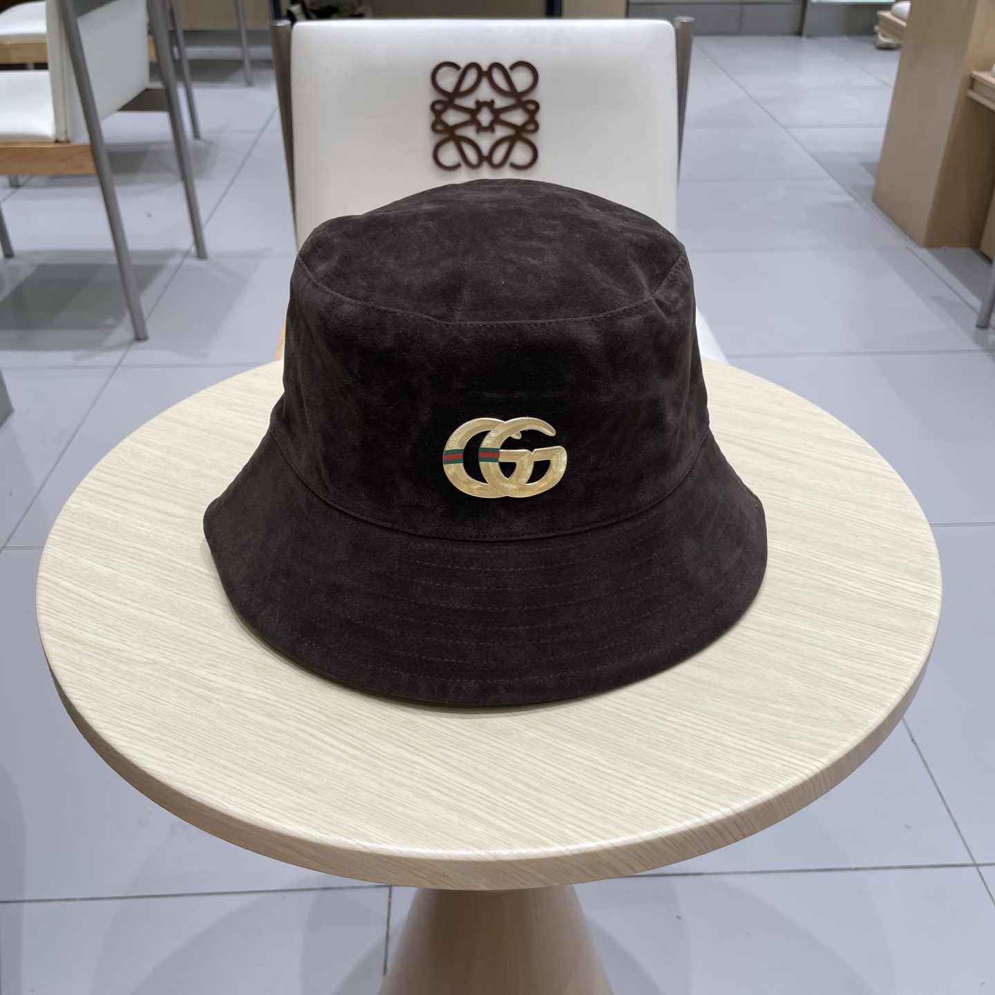  gucci古奇麂皮绒咖色渔夫帽女2025秋冬季百搭帽子大头围宽檐显脸小盆帽