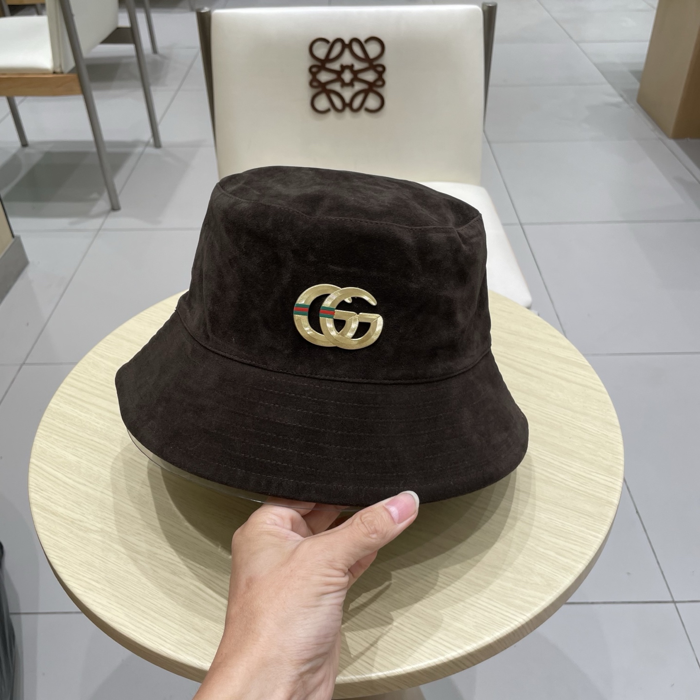  gucci古奇麂皮绒咖色渔夫帽女2025秋冬季百搭帽子大头围宽檐显脸小盆帽