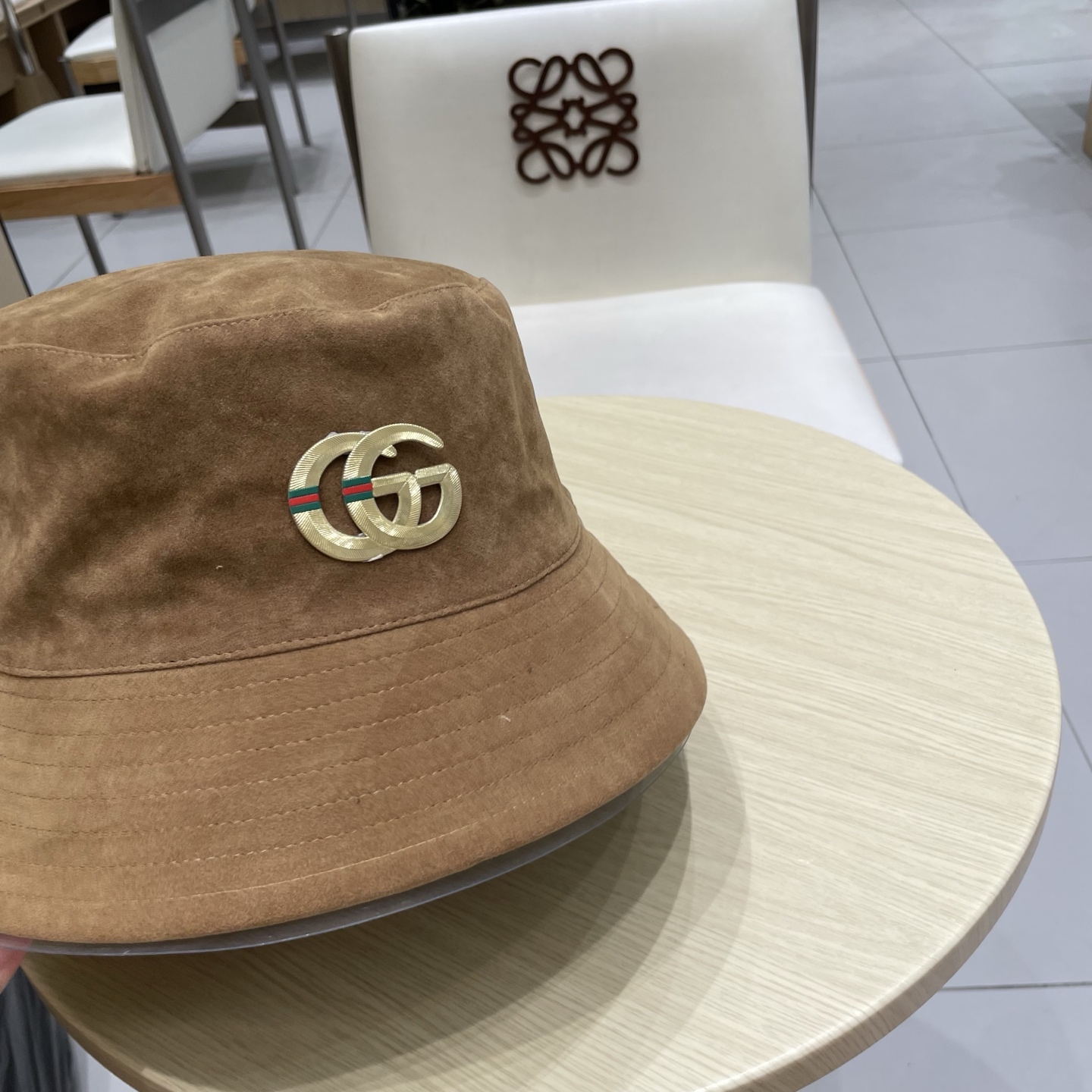  gucci古奇麂皮绒咖色渔夫帽女2025秋冬季百搭帽子大头围宽檐显脸小盆帽