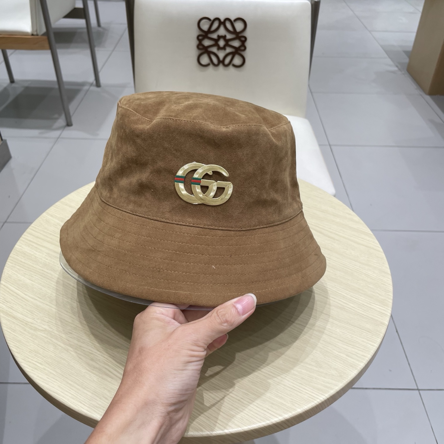  gucci古奇麂皮绒咖色渔夫帽女2025秋冬季百搭帽子大头围宽檐显脸小盆帽