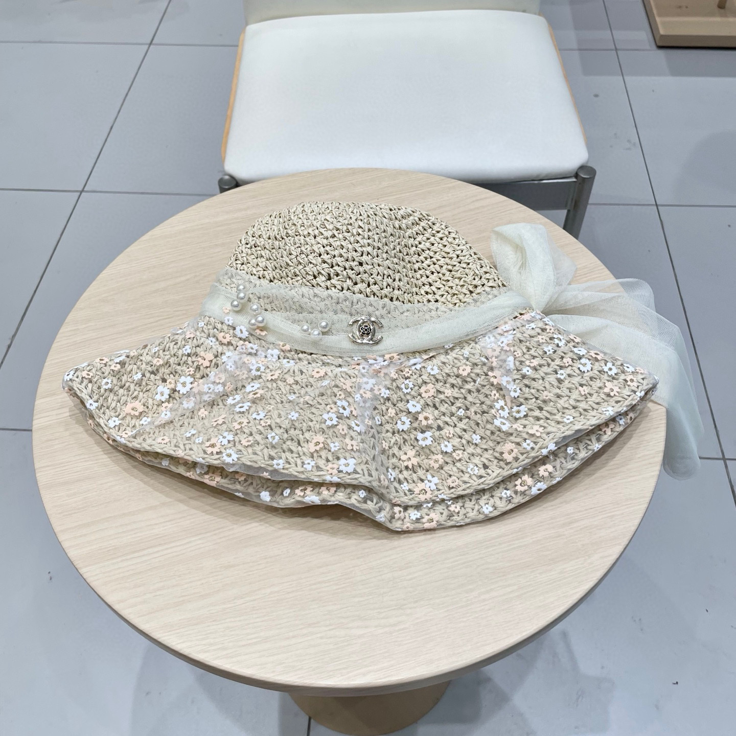  Chanel香奈儿珍珠蕾丝花朵渔夫帽子女春夏季蝴蝶结海边度假草帽草编遮阳帽