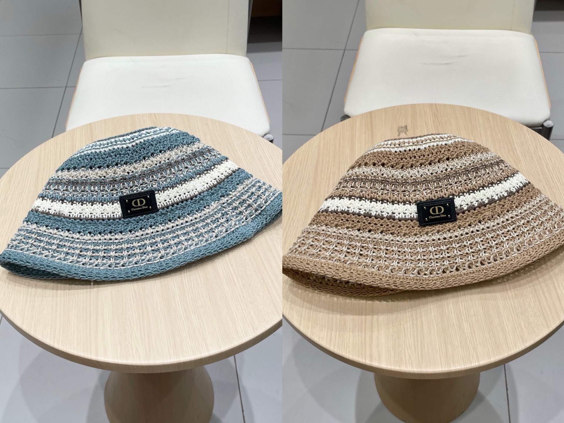  Dior迪奥水桶帽女春夏季2025新款针织镂空撞色条纹渔夫帽子户外百搭遮阳帽