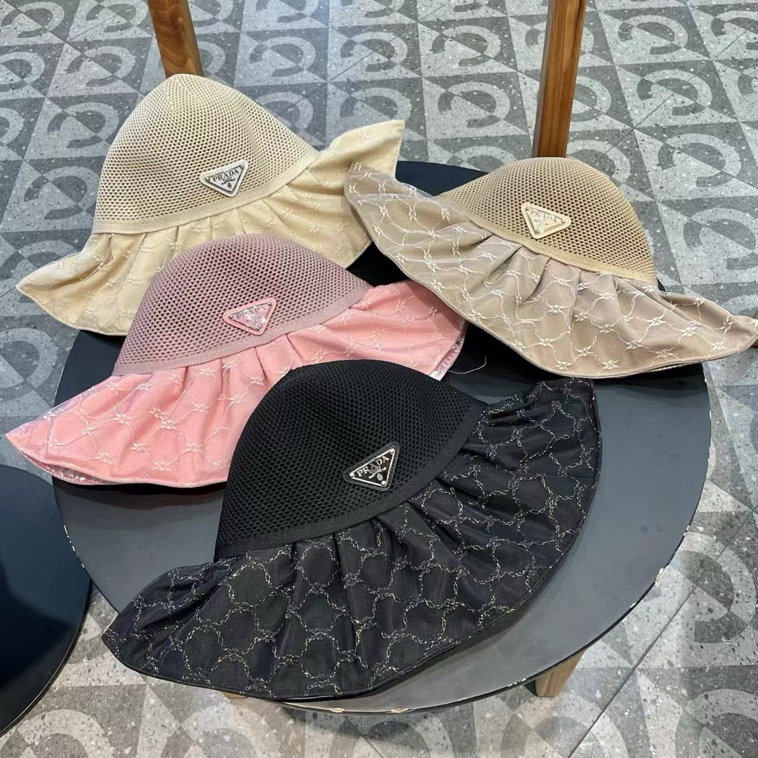  PRADA普拉达 2024新款夏季渔夫帽女士大檐防紫外线沙滩帽子防晒遮阳出游太阳帽