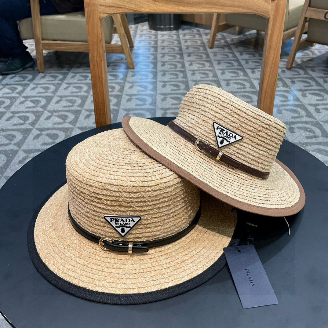 【PRADA普拉达】新款大牌织带拉菲草平顶草帽，出街必备超好搭配，赶紧入手！