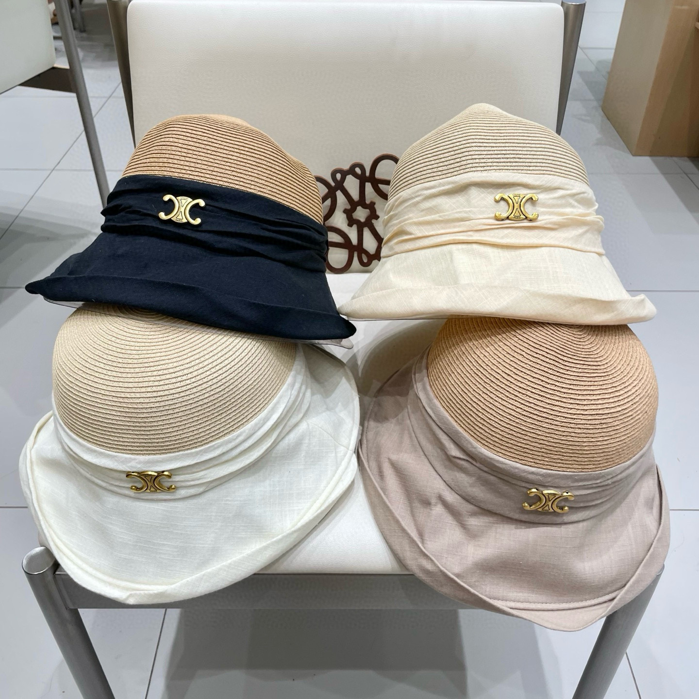  celine塞琳翻沿布草拼接渔夫帽女夏日系宽檐遮阳盆帽百搭防晒太阳帽透气草帽