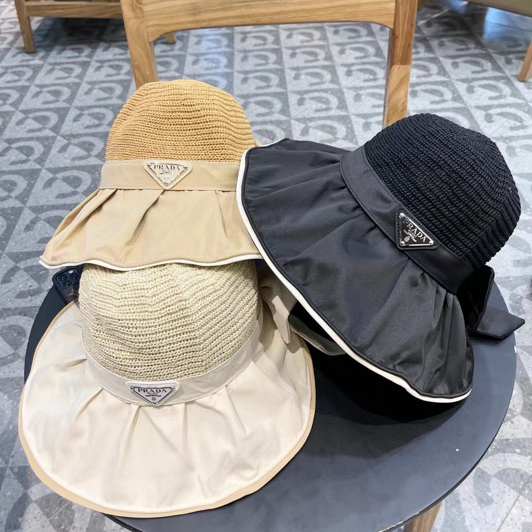  PRADA普拉达 黑胶帽子女款春夏出游防紫外线遮阳防晒帽大檐蝴蝶结渔夫帽太阳帽